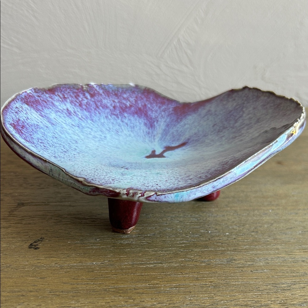 Handcrafted Ceramic Art Bowl With 3 Legs. Purple, White Red Colors.